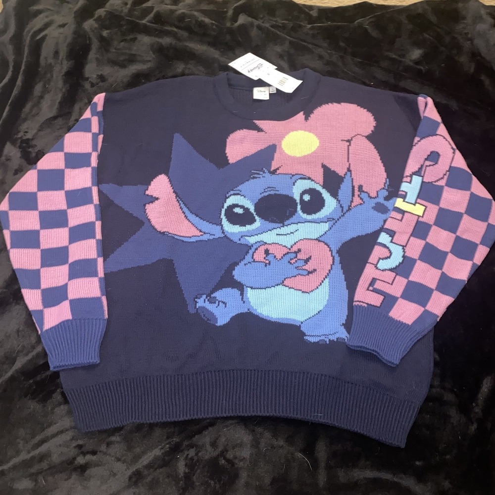 Disney Skinnydip Sweater Womens Small Blue Stitch Pullover Knit Checkered New UK